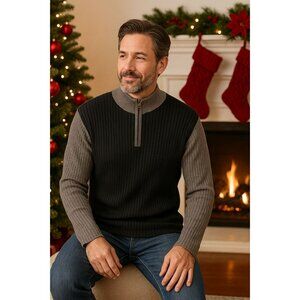 Axcess ¼‑Zip Ribbed Cotton Sweater L Mock Neck Two Tone Black Gray Minimalist